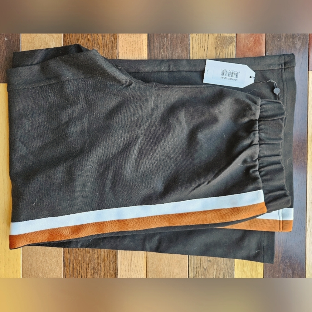 Universal Standard Stephanie Wide Leg Ponte Pants Black with Ochre/White Stripe